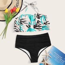 Romwe Random Leaf Tiered Layer Top With Ruched Bikini