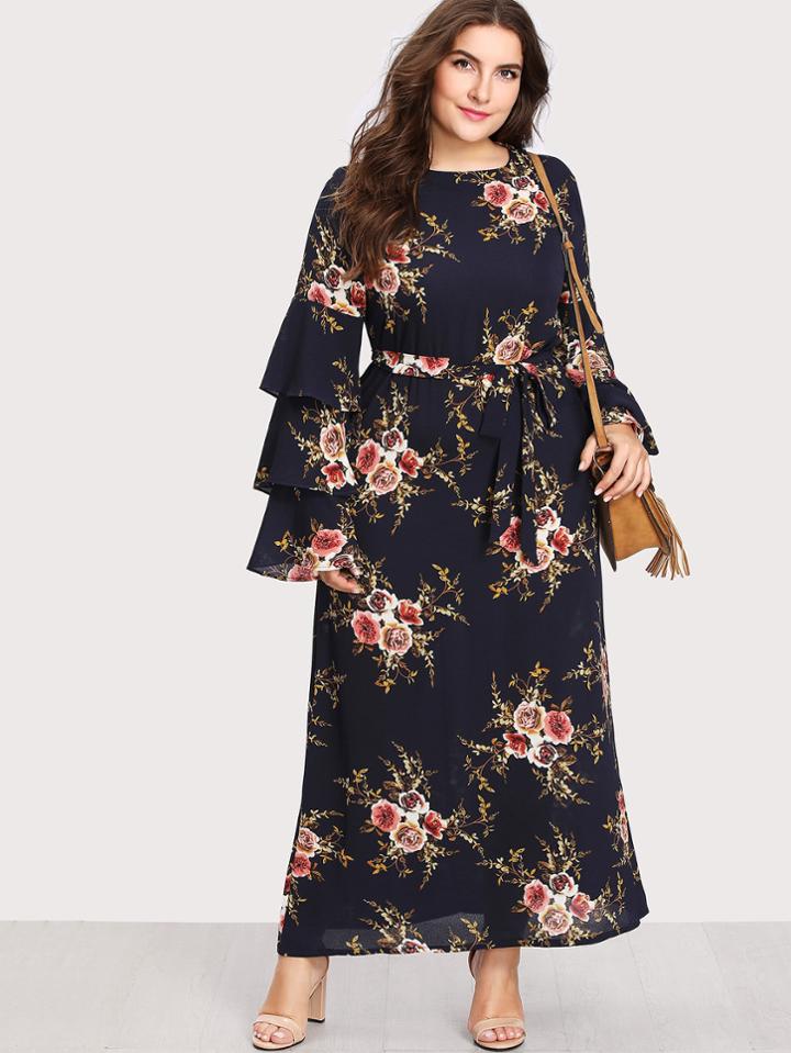 Romwe Botanical Print Self Tie Chiffon Dress