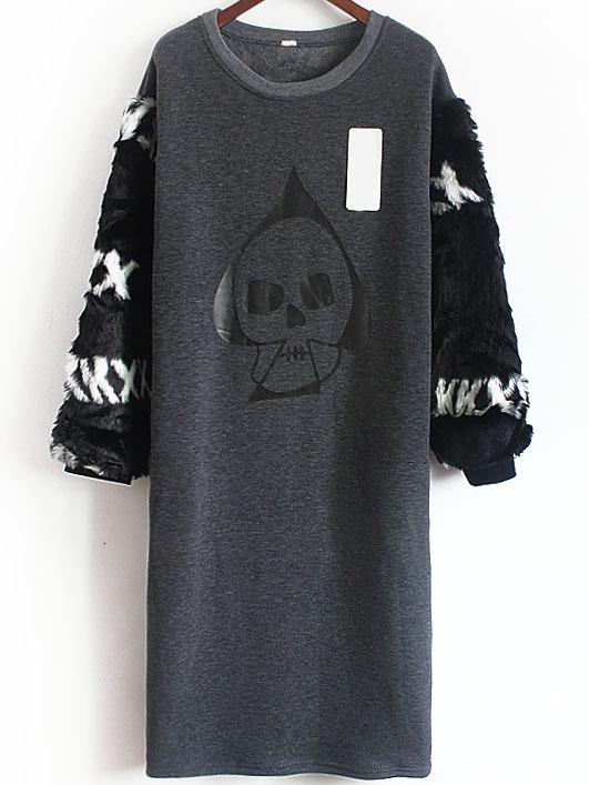 Romwe Skull Print Loose Grey Sweatshirt Dress
