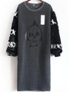 Romwe Skull Print Loose Grey Sweatshirt Dress