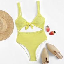 Romwe Tie Front Cut-out One Piece Swim