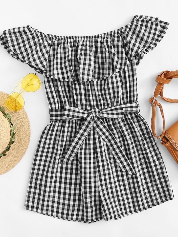 Romwe Off Shoulder Ruffle Trim Checked Romper