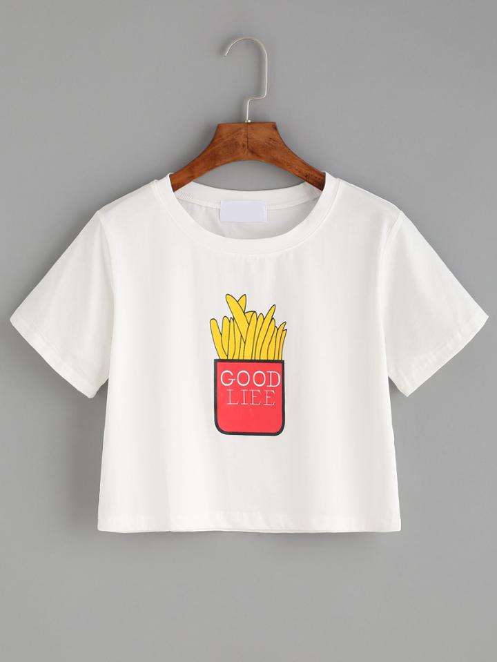Romwe White French Fries Print T-shirt