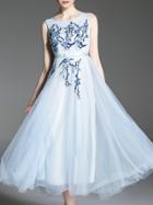 Romwe Blue Gauze Embroidered A-line Dress
