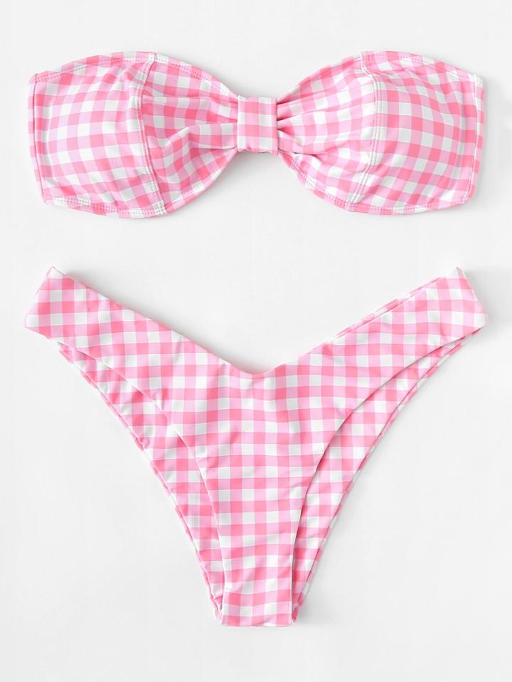 Romwe Bandeau Gingham Bikini Set