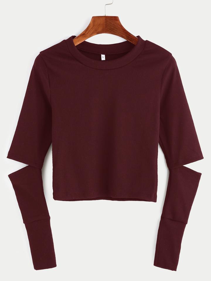 Romwe Burgundy Elbow Cut Out Crop T-shirt