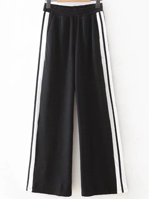 Romwe Black Striped Wide Leg Casual Pants
