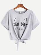 Romwe Grey Print Knotted Front Crop T-shirt