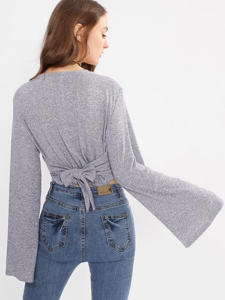 Romwe Bell Sleeve Tie Back Heather Knit Tee