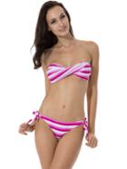 Romwe Red Striped Twist Bandeau  With Removable Halter Strap Bikini Set