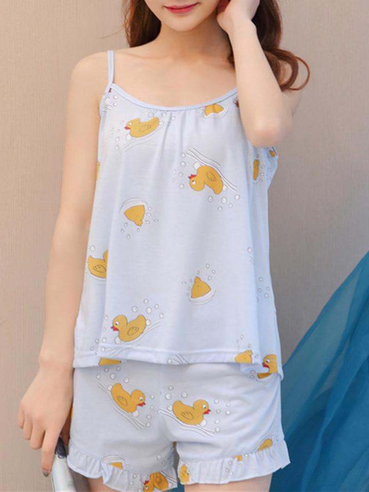Romwe Duck Print Cami & Ruffle Hem Shorts Pj Set