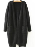 Romwe Long Sleeve Pockets Fuzzy Black Coat