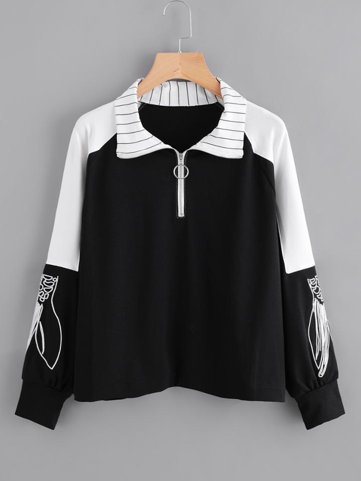 Romwe Contrast Panel Embroidery Zip Neck Pullover