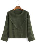 Romwe Round Neck Hollow Tassel Army Green Sweater
