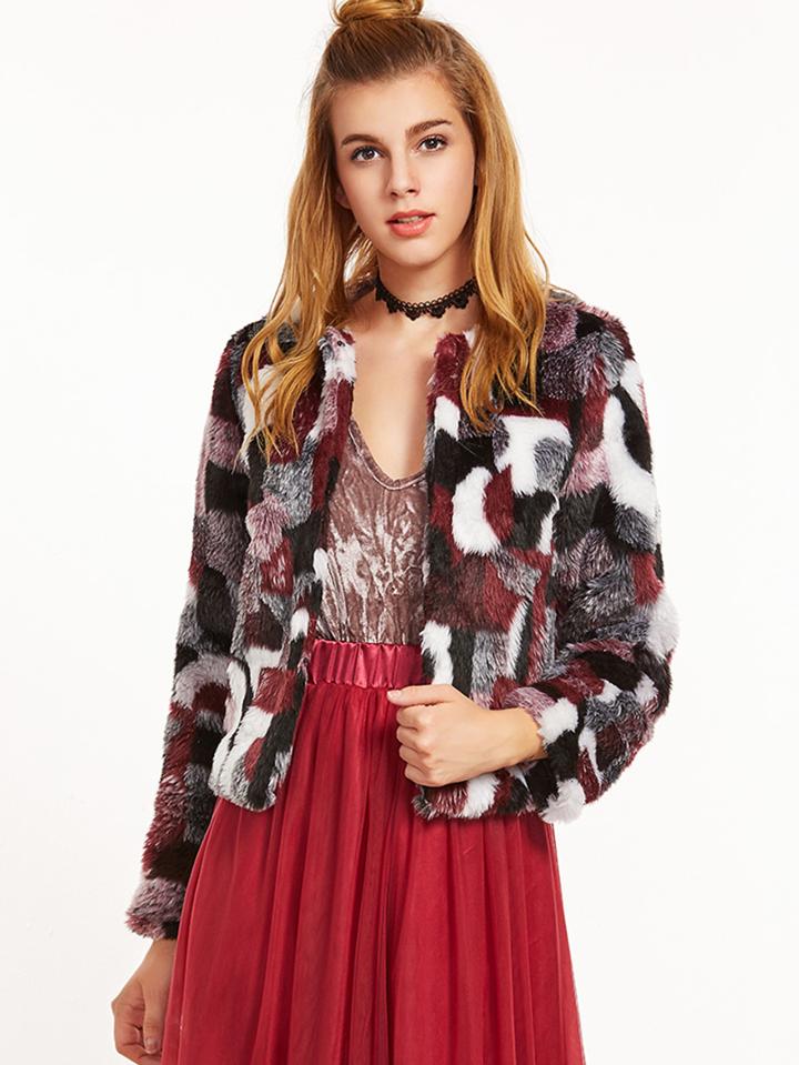 Romwe Color Block Faux Fur Collarless Coat