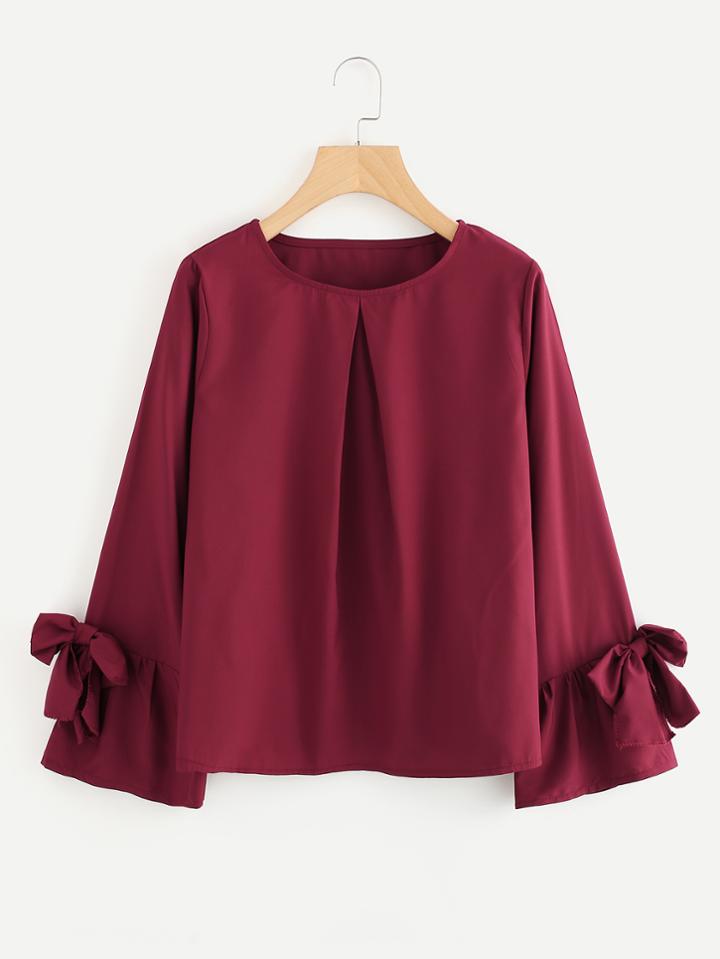 Romwe Bow Tie Sleeve Pleated Front Blouse