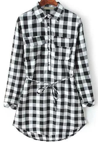 Romwe White Long Sleeve Plaid Tie-waist Blouse