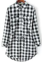Romwe White Long Sleeve Plaid Tie-waist Blouse