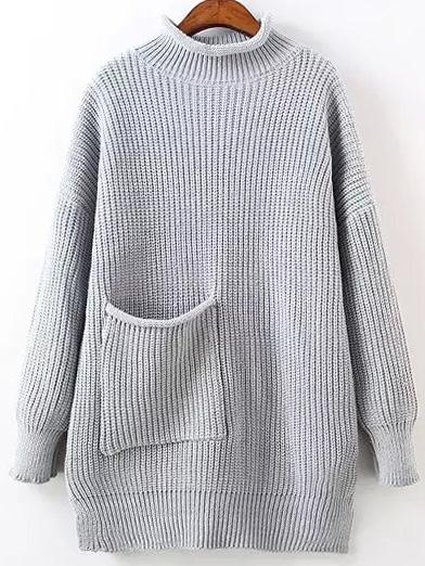 Romwe High Neck Loose Grey Sweater With Pocket