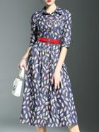 Romwe Navy Lapel Leaves Pockets Belted Dress