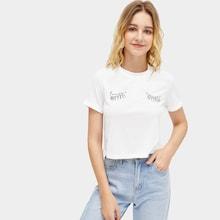 Romwe Letter And Eyes Print Tee