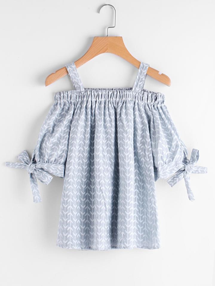 Romwe Open Shoulder Bow Tie Sleeve Printed Random Top