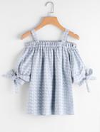 Romwe Open Shoulder Bow Tie Sleeve Printed Random Top