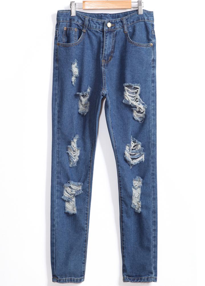 Romwe With Button Ripped Denim Slim Pant