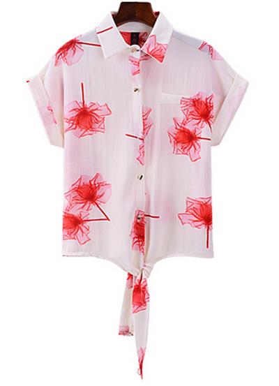 Romwe Lapel Florals Knotted Red Blouse