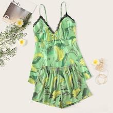 Romwe Banana & Tropical Print Satin Cami Pj Set