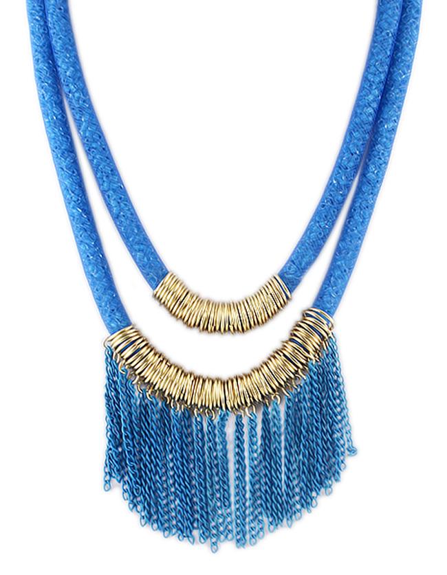 Romwe New Design Blue Two Layers Net Chain Women Tassel Necklace