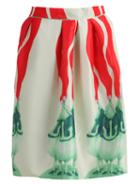 Romwe With Zipper Green Person Print Flare Skirt