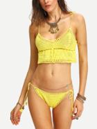 Romwe Crop Peplum Crochet Top Bikini Set - Yellow