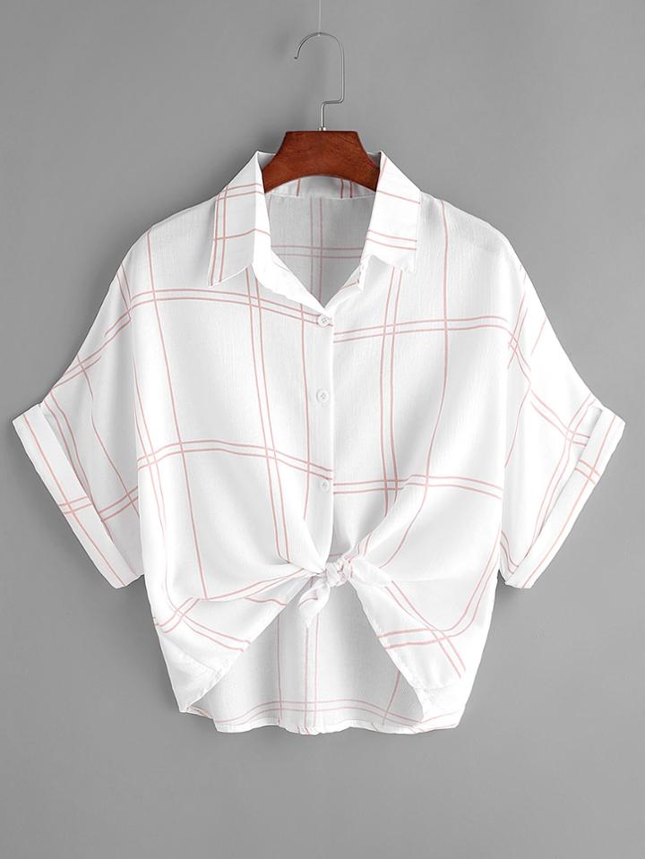 Romwe White Contrast Grid Print Knot Cuffed Blouse