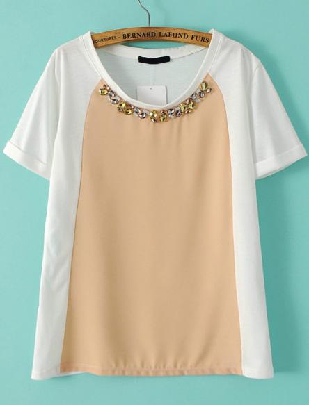 Romwe Color-block With Gemstone Chiffon T-shirt