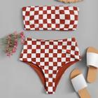 Romwe Random Checker Bandeau With High Waist Bikini Set
