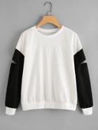 Romwe Cut Out Sleeve Color Block Sweatshirt