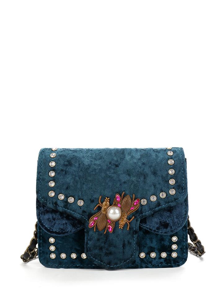 Romwe Faux Pearl Crystal Detail Velvet Shoulder Bag