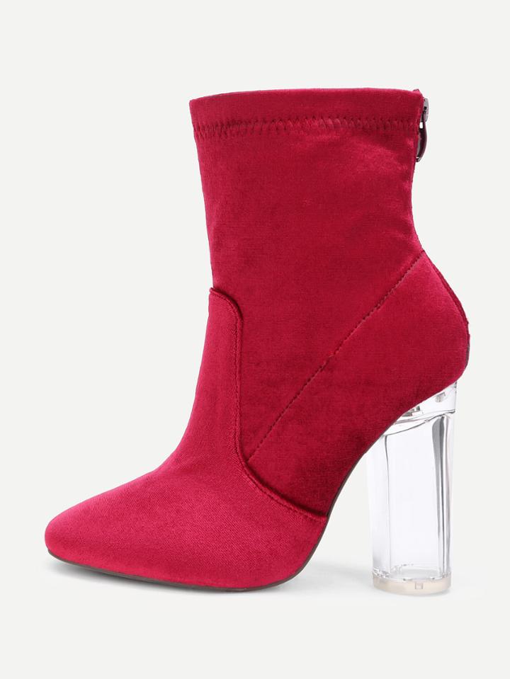 Romwe Back Zipper Clear Heeled Velvet Boots