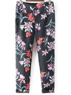 Romwe Navy Zipper Side Floral Print Pants