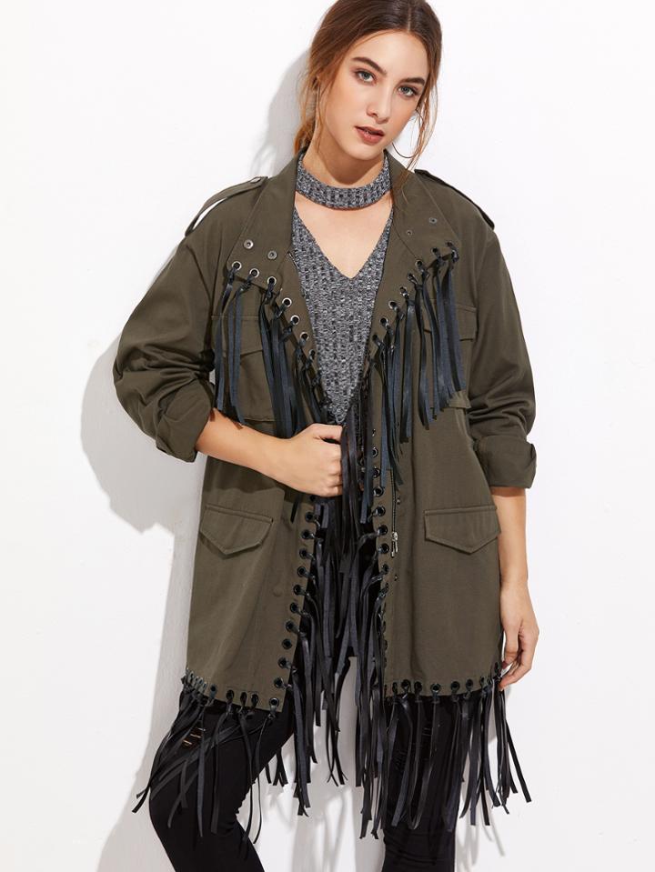 Romwe Army Green Multi Pocket Fringe Trim Utility Jacket