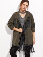 Romwe Army Green Multi Pocket Fringe Trim Utility Jacket