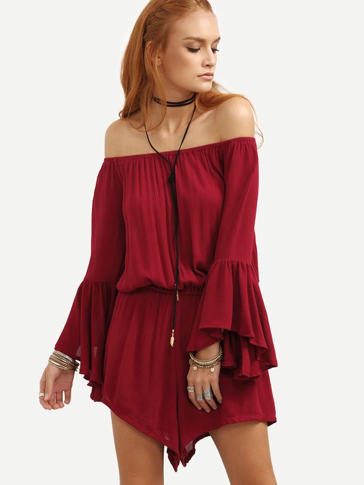 Romwe Burgundy Off The Shoulder Bell Sleeve Romper