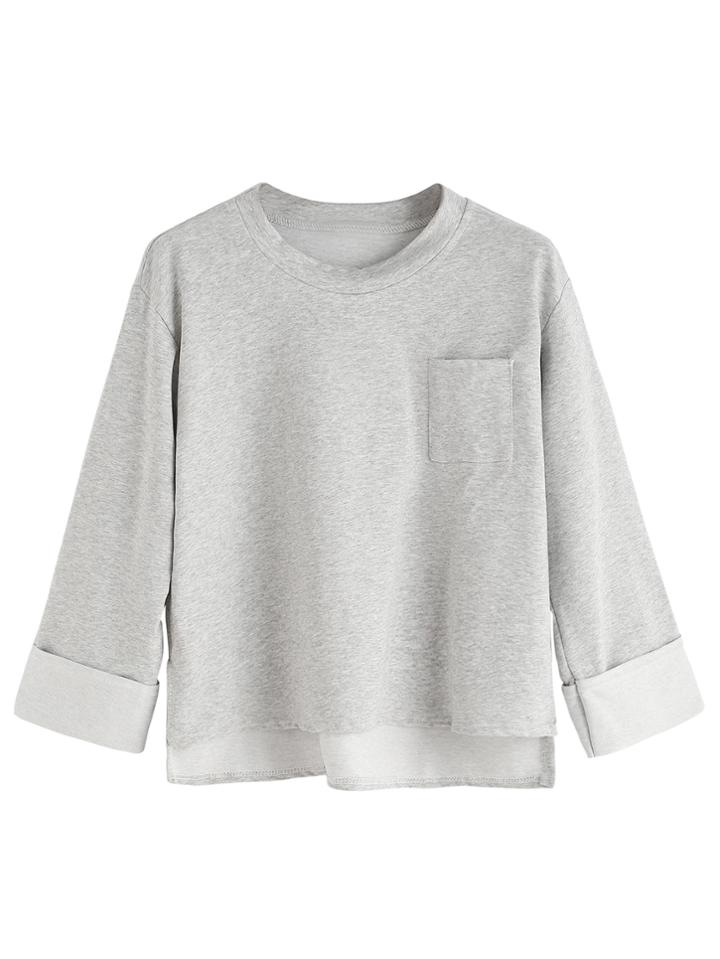 Romwe Pale Grey Dip Hem Pocket Rolled Sleeve T-shirt
