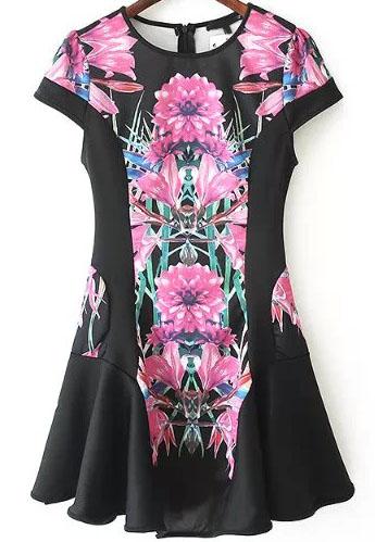 Romwe Black Short Sleeve Floral Print A Line Dress