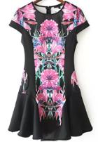 Romwe Black Short Sleeve Floral Print A Line Dress