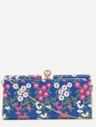 Romwe Blue Pu Floral Print Jewelled Evening Bag