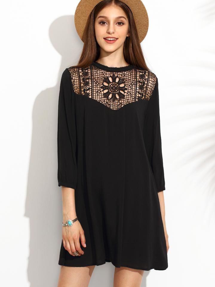 Romwe Black Crochet Front Tunic Dress