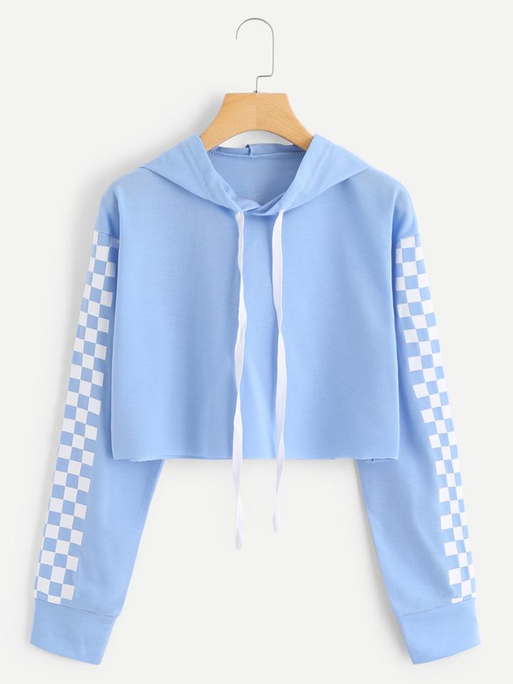 Romwe Contrast Gingham Sleeve Crop Hoodie