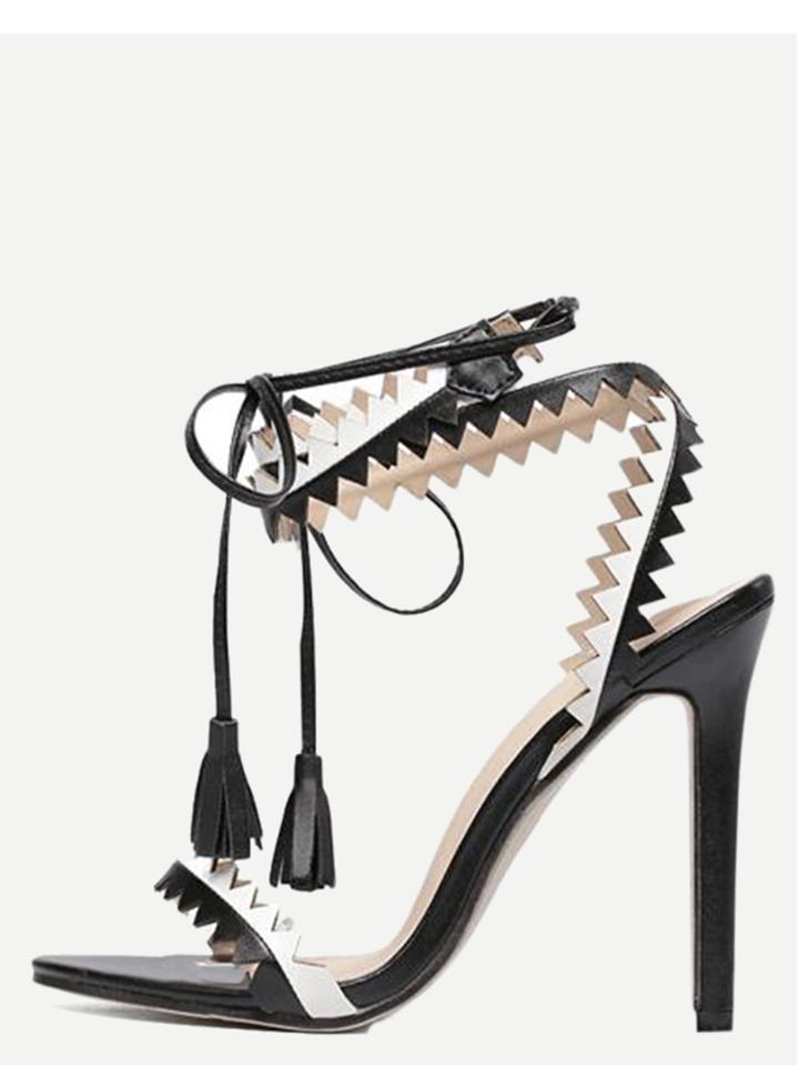 Romwe Zig-zag Cut Lace-up Tassel Heeled Sandals